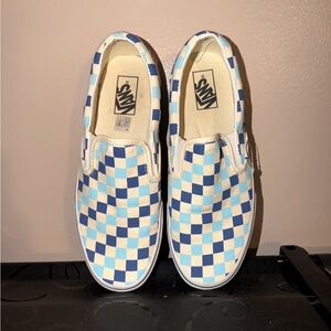 Vans Blue and Cream Checkered Slip-Ons